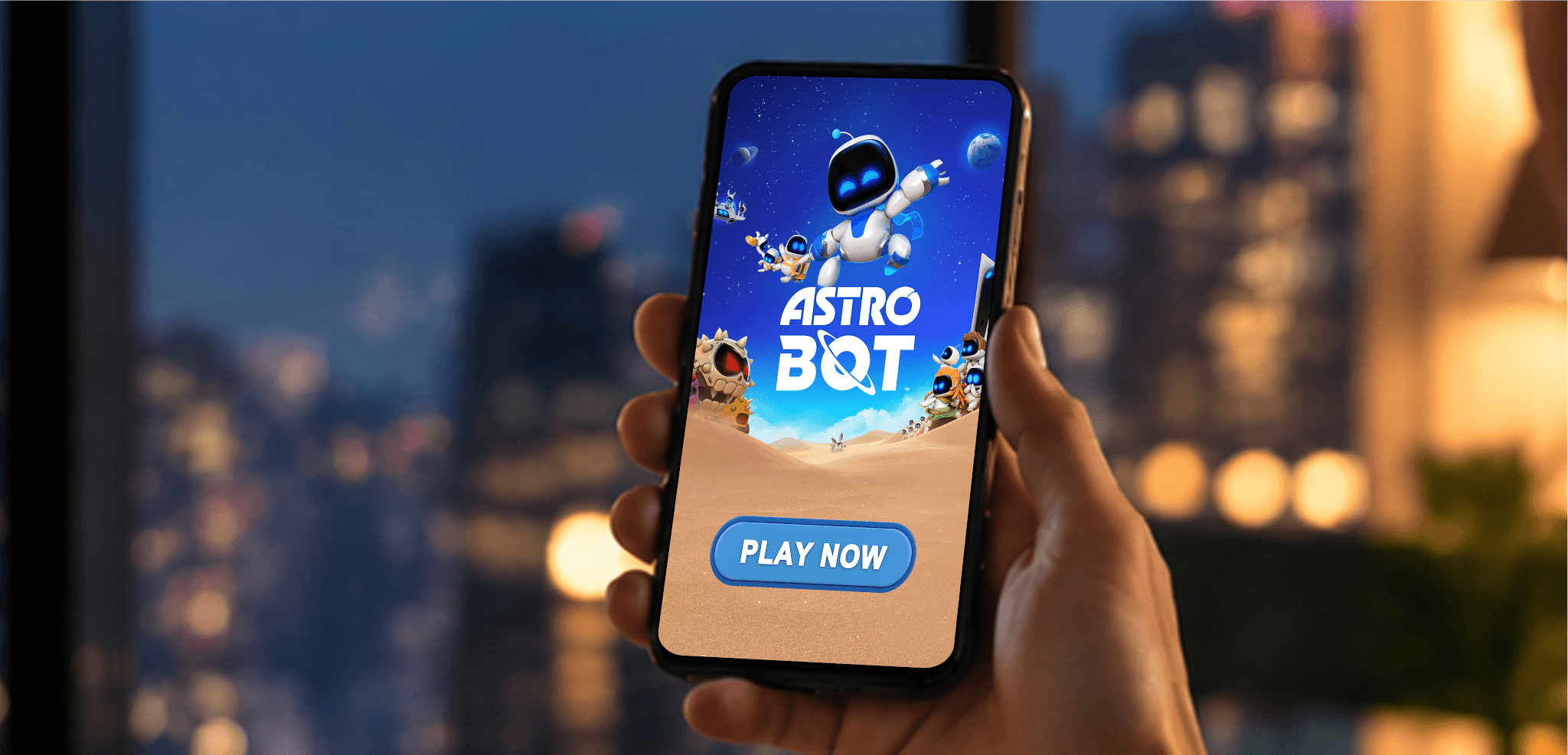 A mobile game running on a phone against a city skyline — the in-app touchpoint RZR optimizes.